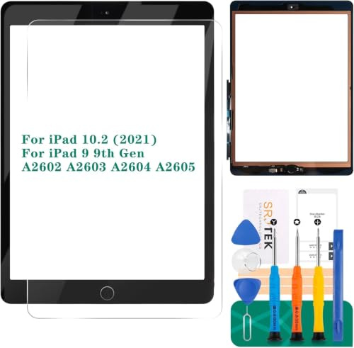 Écran tactile de rechange pour iPad 9ème génération A2602 - Écran de remplacement pour iPad 10.2 2021 Digitizer A2603 A2604 A2605 - Panneau de capteur en verre (avec bouton d'accueil) (noir)