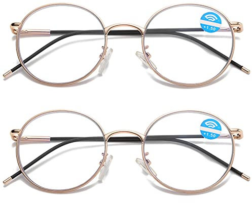 Lanomi Lesebrille Blaulichtfilter Damen Herren Rund Metall Dünner Rahmen Oval Computer Sehhilfe Lesebrille UV400 Schutz Nerd ArbeitBrille 2 Stück Gold 2.0