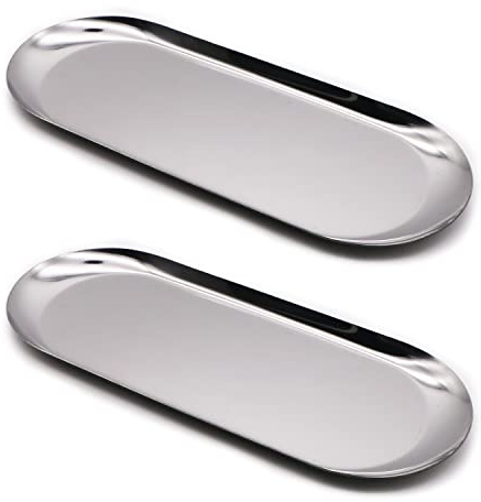 Silver Stainless Steel Decorative Tray 2 Pcs 11.7 Inch x 4.7 Inch Multipurpose Trays Hand Towel Storage Tray for Trinket Jewelry Bathroom Dish Fruit Cosmetics Oval
