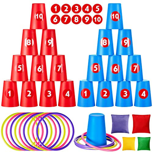 Harrycle 54 Stück Wurfspiel 3 in 1 Set Kinder Ringwurfspiel für Party Erhalten 20 Sport Stapelbecher 10 Wurfringe 20 Zahlen Aufkleber und 4 Bohnensäckchen für Kinder Geburtstag Garten Werfen Draußen