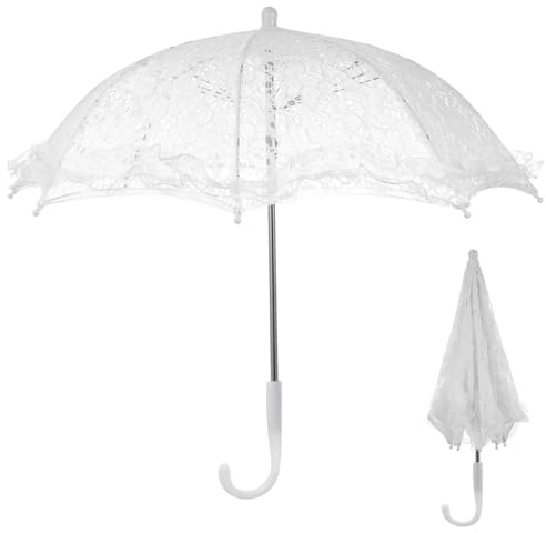 STOBOK Small Vintage Wedding Bride Parasol, White Lace Umbrella with Handle for Weeding, Photo Props, Party Decorations, 19 5x16.38 inch