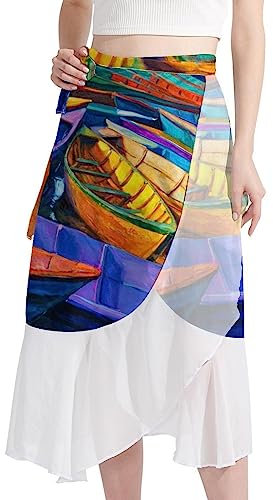 Swimsuit Coverup for Women, Sarong Beach Bikini Wrap Sheer Skirt Chiffon for Swimwear, Oil Painting Colored Boats