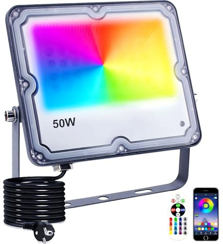 Indmird RGB Strahler 50W, RGB LED Strahler Außen mit Bluetooth APP | IP66 Wasserdich Rgb Flutlicht Smart RGBW Farbwechsel Dimmbar Flutlichtstrahler Stimmungslicht für Garten Party Bühnen