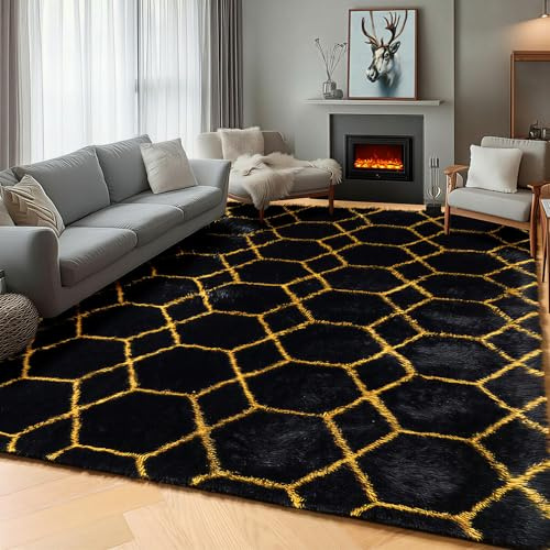 ONASAR 5x7 Area Rugs for Living Room Bedroom, Fluffy Black and Gold Faux Fur Rug, Geometric Boho Soft Plush Shaggy Floor Carpet Mat for Nursery Kids Girls Boys Teen Dorm Home Office Decor