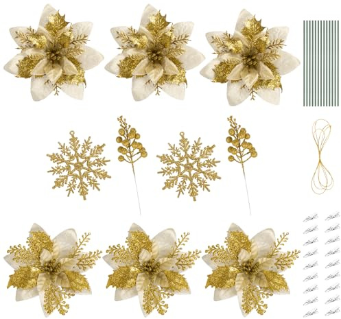 ilauke 34 Stück Glitter Weihnachten Blumen Set, 2 Größen Glitzer Weihnachtsstern Kunstblumen mit Beeren,Schneeflocken,25 Clips,25 Rhizome und Hängeseile für Weihnachten, Weihnachtsbaum,Kränze(Gold)