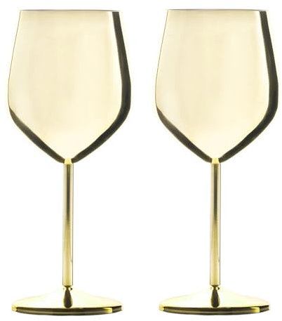 Intirilife 2x Verres à vin en acier inoxydable couleur Or Brillant - 21 x 9 cm - 400 ml - Verres à vin robustes et incassables ensemble cadeau calice