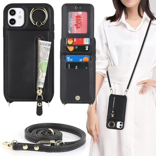 Zouzt Crossbody Wallet Case for iPhone 11 (6.1), with Strap, Black | Lanyard Purse, 4 Card Holder, 360° Ring Kickstand, PU Leather Zipper Handbag, Shockproof TPU, Back Flip Phone Cover for Women