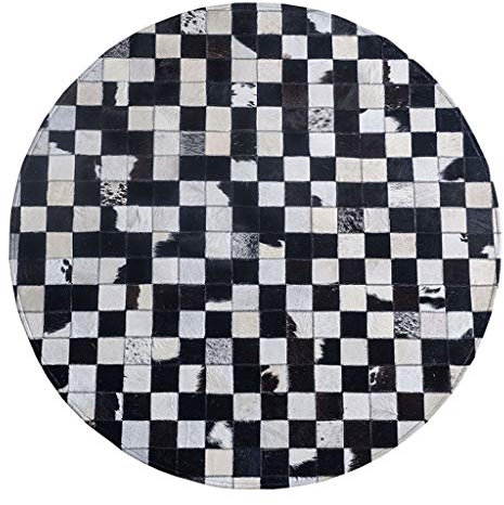 Kuhfell-Teppich, moderner runder Kuhfell-Patchwork-Teppich – Wohnzimmer-Echtleder-Teppich, Arbeitszimmer, Büro, Rutschfester Pad-Läufer (Durchmesser 200 cm)