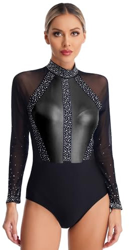 inlzdz Eiskunstlauf Anzug Damen Turnanzug Gymnastikanzug Langarm Body Leotard Tanz-Body Ballettbody Balletttrikot Metallic Ballettanzug Tanz Kostüm Schwarz XL