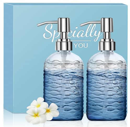 HIYAA Dispenser per sapone in vetro, versatile, con pompa antigoccia, da 400 ml, ricaricabile, per bagno, piano di lavoro, cucina, lavanderia (gessato, confezione da 2)