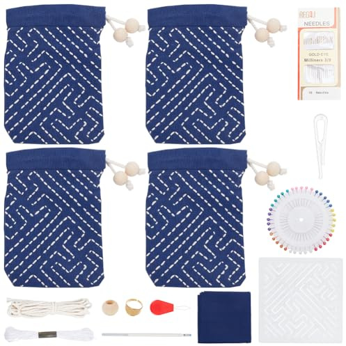 FREEBLOSS 4 Set Sashiko Kordelzugbeutel Set, Sashiko Stickset Für Anfänger, Vollständiges Stickset Inkl. Sashiko Garn, Nadeln, Stoff, Fingerhut Nähset Für Erwachsene