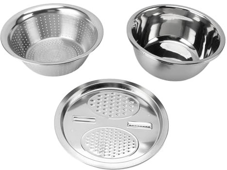 Set di Colini 3 in 1 per il Lavaggio del Riso in Acciaio Inossidabile, Grattugia Multifunzionale, Bacinella di Scarico, Pentola di Grande capacità, Efficiente da Usare (28CM)