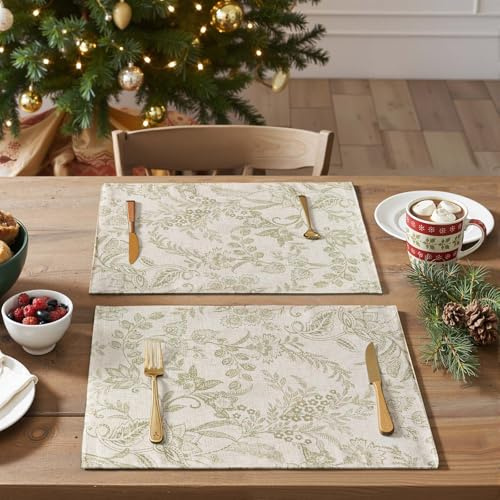 JINCHAN Linen Floral Placemats Set of 4 Cloth Table Mats Rustic Cottagecore Botanical Outdoor Seasonal for Kitchen Dining Table Decor Non-Slip Washable Tablemats 13x19 Inch Green