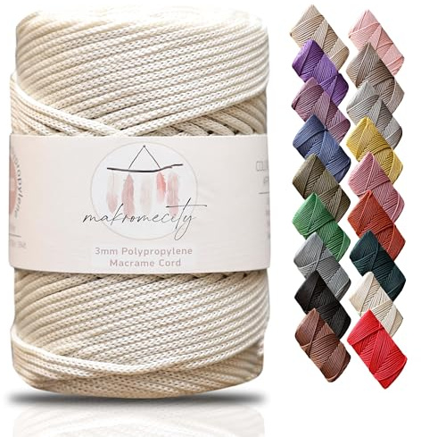 Makromecity, premium polyester makramé sladd 3 mm x 130 meter (40 fot) 3 mm polypropen Ecru makramé sladd virkad makramé väska sladd hantverk för vägghängningar, väskor, underplatta, matta