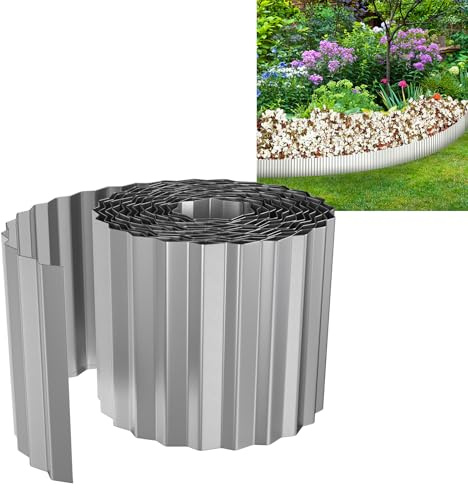 YUENFONG Flexible Rasenkante Beeteinfassung 5m Metall Verzinkt, Beetumrandung Beetabgrenzung Gartendekorativ, 15cm Höhe Palisade Mähkante, 500cmx15cm, Silber