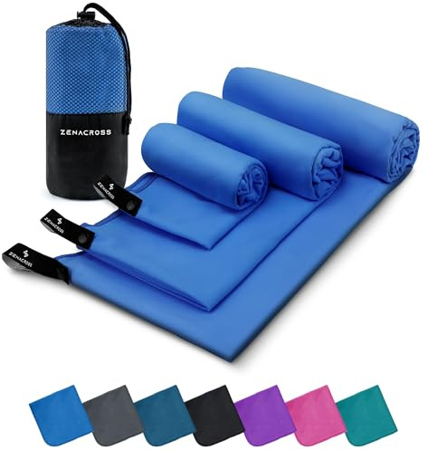 ZENACROSS Mikrofaser Handtuch 3er Set mit Transportbeutel - Schnelltrocknendes und vielseitiges Fitness Handtuch - Sporthandtuch Größen - XS, S, M - Blau