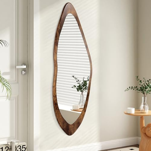 AAZZKANG Stor spegel med trä inramad 120 x 40 cm vintage oregelbunden väggspegel i full längd asymmetrisk sminkspegel för badrum sovrum vardagsrum entré