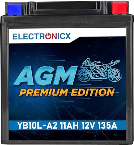 Electronicx AGM Motorcykelbatteri YB10L-A2 12V 11Ah – Startbatteri underhållsfritt, förseglat, AGM-teknologi, 135A CCA – skoter, ATV, fyrhjuling – kompakt, läckagesäkert, redo att användas.