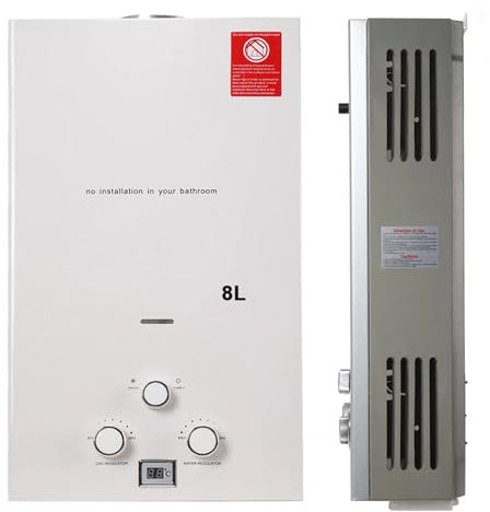 Tankless Propane Camping Water Heater,Portable Outdoor Boiler for Home Shower, Wall-Mounted LPG Gas Heater with Digital Display - White