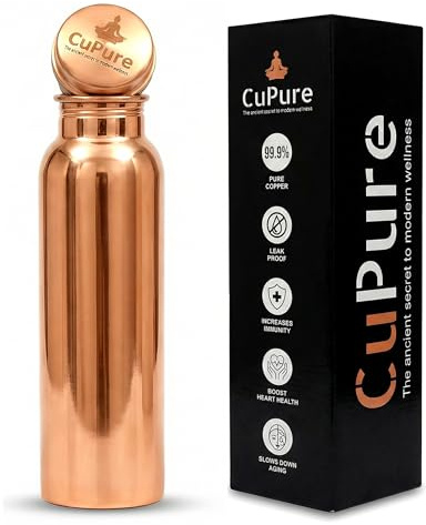 CuPure Pure Copper Ayurvedic Water Bottle Health Benefits|Leak-Proof, Ideal for Home, Office,Gym & Yoga-32 Oz-Copper