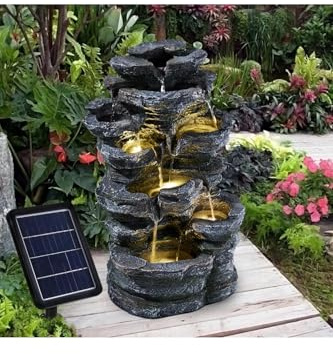 Warmiehomy Solar Water Fountain, 5 Tier Cascading Solar Water Feature 48.8cm Rockery Garden fountains and Water Features, Waterfall with Solar Powered Pump & Warm Lights for Outdoor, Dark Grey