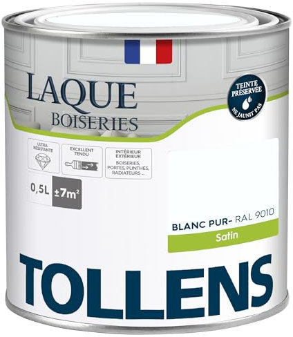 Tollens - Peinture, Laque, Ultra Résistante, Multisupport, Satin Blanc Pur, 0.5L = 7m2