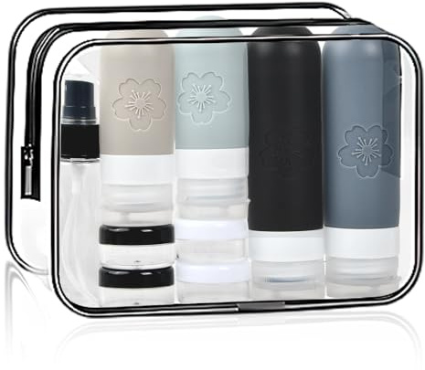 18 Pièces Flacon-Voyage en Silicone Kit, Conteneur de Voyage Portable et Réutilisable avec Sac Transparent, avec Vaporisateurs, Flacons à Pompe et Pots de Crème, pour Shampooing, Lotion (Noir)