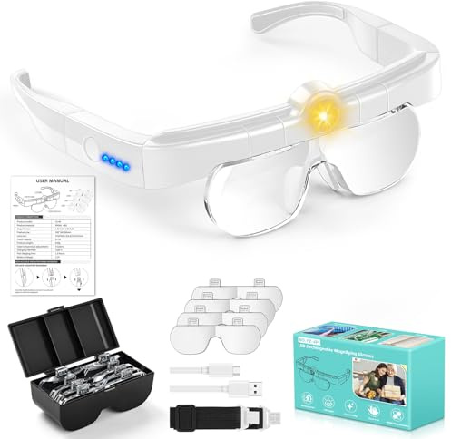 Magnifying Glasses with Lights, 5X 3.5X 2.5X 1.5X Flip-up Rechargeable Hands Free Headband Magnifying Glasses for Close Work with 3 Color Temperature,Professional Jeweler's Loupe Lighted Magnifiers W
