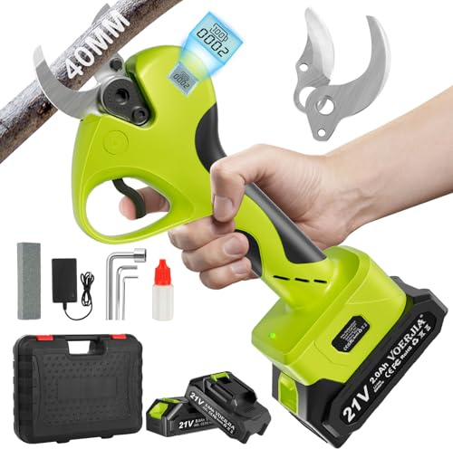 VOERJIA Sécateur Électrique Sans Fil 40mm, 2×Batteries 21V 2000mAh, Moteur Brushless 850W, Lames SK5, Sécateur de Jardin avec Écran LCD, Coupe Branche Électrique pour Arbres et Jardin