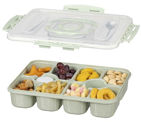 EPHOSHI Snackle Box,Snack Box With 10 Compartments,Divided Serving Tray With Lid And Handle,Include 1 Spoon &1 Fork,Suitable For Travel,Picnic,Campsites,Afternoon Tea (Green)