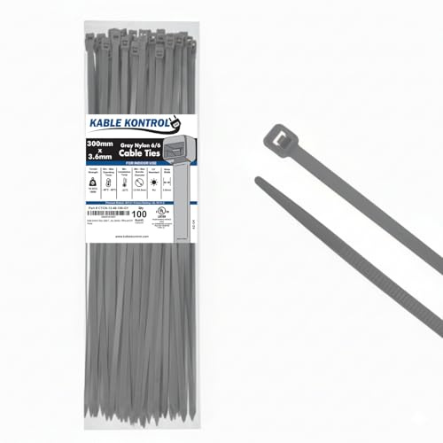 Kable Kontrol Bridas grises de 300 mm x 3,6 mm, paquete de 100, bridas de nailon de alta calidad de 12 pulgadas, envolturas de plástico multiusos, mecanismo de autobloqueo seguro, para el hogar