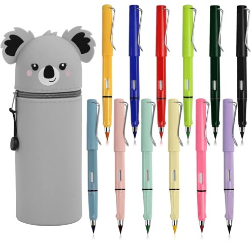 ROTKUSZ Radierbaren Gelstiften, Swify Buntstifte + Kawaii 2-in-1 Federmäppchen, 12pcs Swify Buntstifte mit 12 Wechselkopfm, Bunte Ewiger Bleistift mit Radiergummi, Zauber Buntstift Ohne Anspitzen