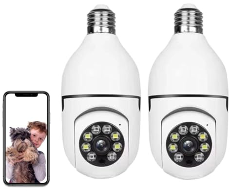 Telecamera con lampadina da 2 pezzi, telecamera IP con lampadina E27, telecamere PTZ a 360 gradi con 2 schede TF da 64 GB + visione notturna a colori + rilevamento del movimento + audio bidirezionale