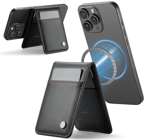 XMTON Porte-Cartes pour MagSafe avec Support Téléphone Ajustable, Maintien 5 Cartes, Blocage RFID, Magnétique Portefeuille pour iPhone 17/16/15/14/13/12 Séries et Pixel 10 Séries, Noir