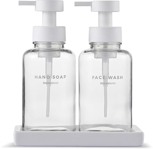 MaisoNovo Dispenser per sapone in schiuma in vetro 400 ml | Vetro trasparente Pompe bianche x 2 con vassoio in ceramica
