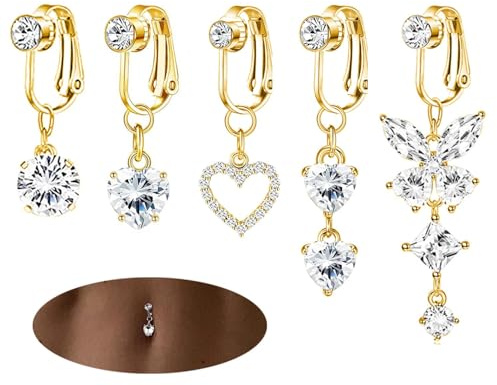 CHarmeFleur 5 stycken guld navelpiercing falsk navelring för kvinnor navelpiercing clip on navelringar inte