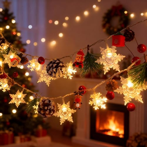Lichterkette Weihnachten Warmweiß, 2M 20 LED Lichterkette Batterie Innen Außen, 2 Modi Weihnachtsdeko Schneeflocken Tannenzapfen Lichterketten, für Weihnachtsbaum Treppe Fenster Innen Aussen (F)