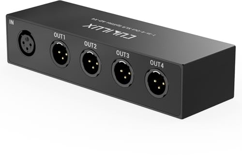 Cubilux 4-Way Passive XLR Audio Splitter, 1 Female to 4 Male | Distributes one balanced mono mic or line signal to four amps, speakers or monitors; aluminium case, plug and play, no power