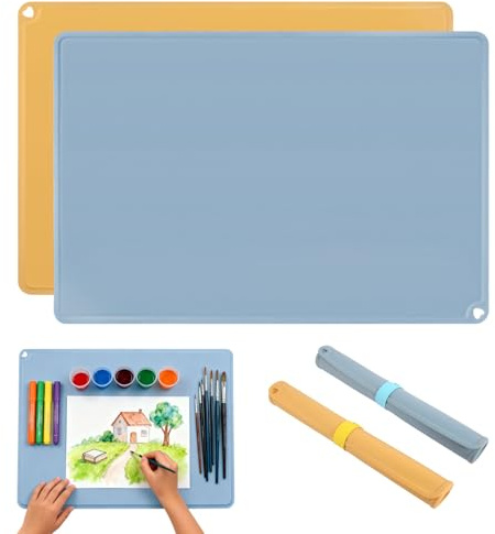 DELAESI Base de silicona para pintar para niños, 2 unidades, 60 x 40 cm, base para manualidades con anillo de almacenamiento, reutilizable, alfombrilla de silicona grande, para manualidades, pintura