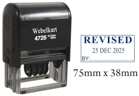 Webelkart 4726 - Sello de fecha azul revisado | Sello de fecha autoentintado con formato revisado | Impresión clara | 75 mm x 38 mm goma de oficina