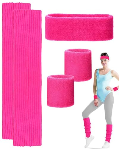 ZAMXHUG 70er Jahre Outfit Damen Accessoires, 80er Jahre Accessoires,Schweißband Set mit Haarband Sport, Wristbands, Beinstulpen, Karneval Kostüme Zubehör für Thema Partyzubehör(Rosenrot)