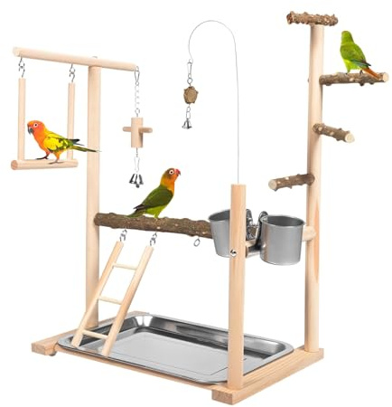 Vogel Spielplatz, Holz Wellensittich Spielplatz mit Edelstahl Futterbehälter Papagei Vogelspielplatz für Nymphensittich Papageien Wellensittiche 49x35,5x23 cm