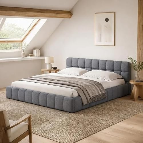 Cama Tapizada Bubble de 160x200cm, Cama Bubble con Somier de Láminas, Camas Acolchadas Nube, Cama Doble con Cabecero Suave, para Adulto Dormitorio y Habitación de invitados, Lino, sin Colchón, gris