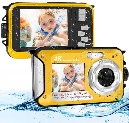 Cámara Acuática 64MP con Tarjeta de Memoria 32GB, Cámara Sumergible 4K con Autoenfoque y Doble Pantalla para Selfies, Sumergible hasta 5 Metros (2 Baterías)
