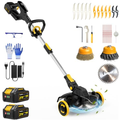 Rasentrimmer mit Akku, 21V Akku Rasentrimmer für Makita Akku, Rasentrimmer mit Unkrautbürste, 2 * 4.0Ah 5 in 1 Rasentrimmer, 900W Bürstenloser Motor Freischneider Akku für Rasen, Garten, Hof(Schwarz)