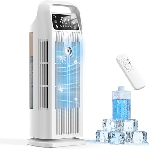Climatiseur Mobile 6 in 1, Climatiseur Portable Silencieux avec Refroidisseur d'air 1200ml, 1-12H Minuteries, 4 Vitesses, 120°Oscillation, Touches Tactiles (Blanc sucre)