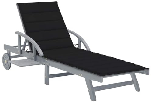 Cartvyn Sonnenliege Gartenliege Liegestuhl aus Akazien Massivholz grau mit Auflage, verstellbar, Rollliege für Balkon Terrasse Pool Outdoor, 200 x 68 cm