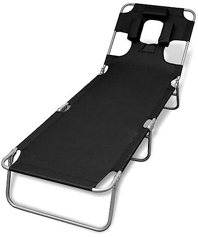LoogCape Klappliege mit Kopfkissen pulverbeschichteter Stahl, Schwarz Sonnenliege Deckchair für Garten Balkon Terrasse, verstellbare Rückenlehne, bis 120 kg