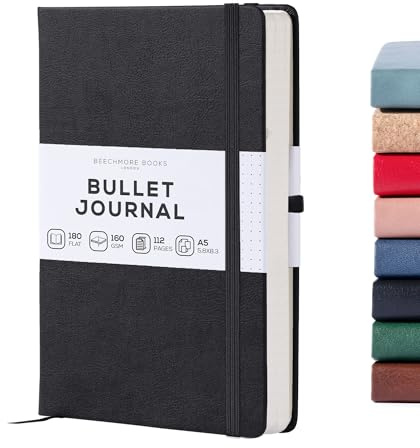 Beechmore Books Gepunktetes Notizbuch A5, Schwarz I Premium Hardcover Dotted Journal aus veganem Leder, dickes 160gsm creme Papier, Punktegitter Notebook, Geschenkbox, für Künstler, Planer & Designer