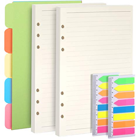Teenitor 2 Pack A5 Refills Planner Inserts Lined Paper + 5 Color Subject Dividers + 320 Pcs Note Flags Index Tabs, 6-Ring Ruled Diary Refillable Pages, Horizontal Dividers & PET Translucent Tabs